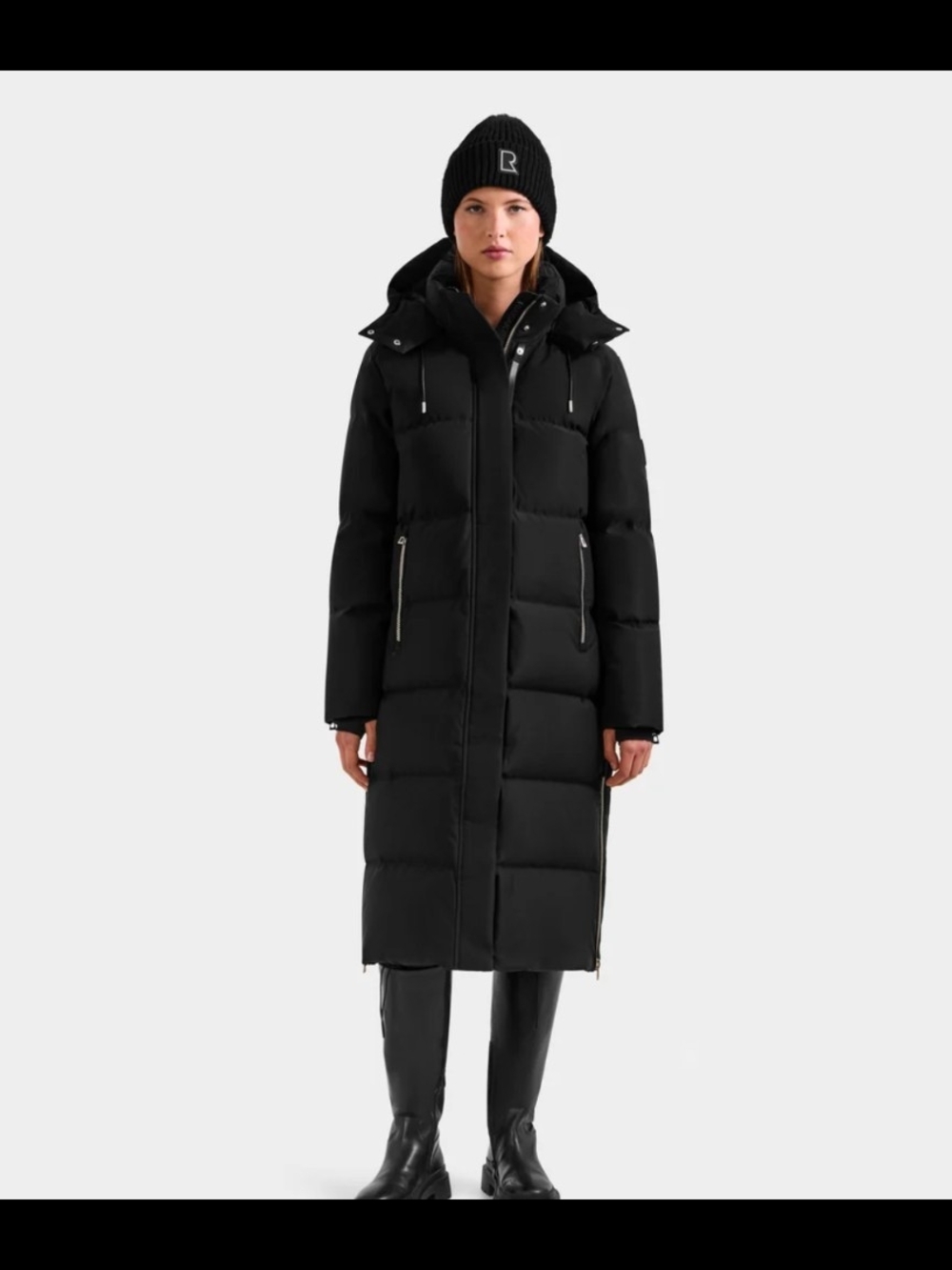 RUDSAK Long Black Quilted Puffer Coat with Hood, Leather Trim